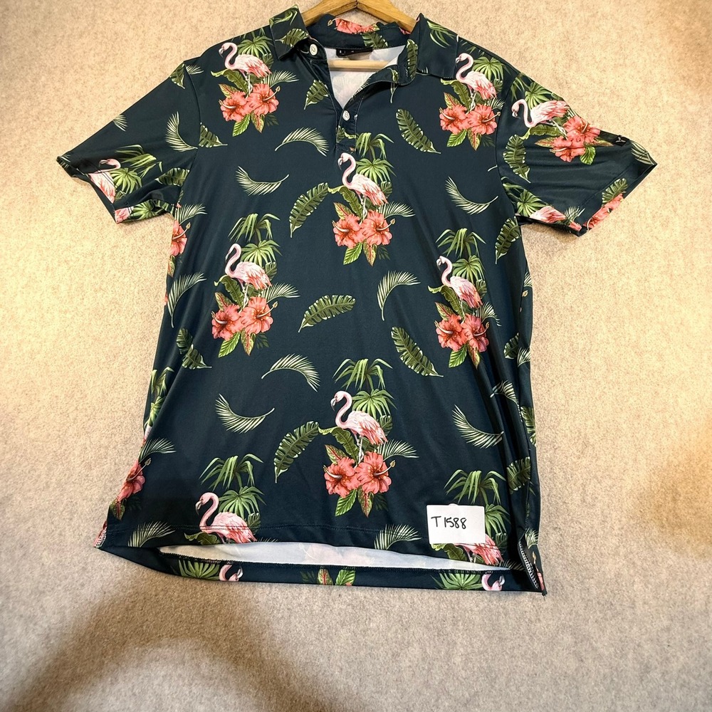 Yatta Golf Mens Flamingo Tropical Floral Polo Shirt Small Teal Pink Short Sleeve